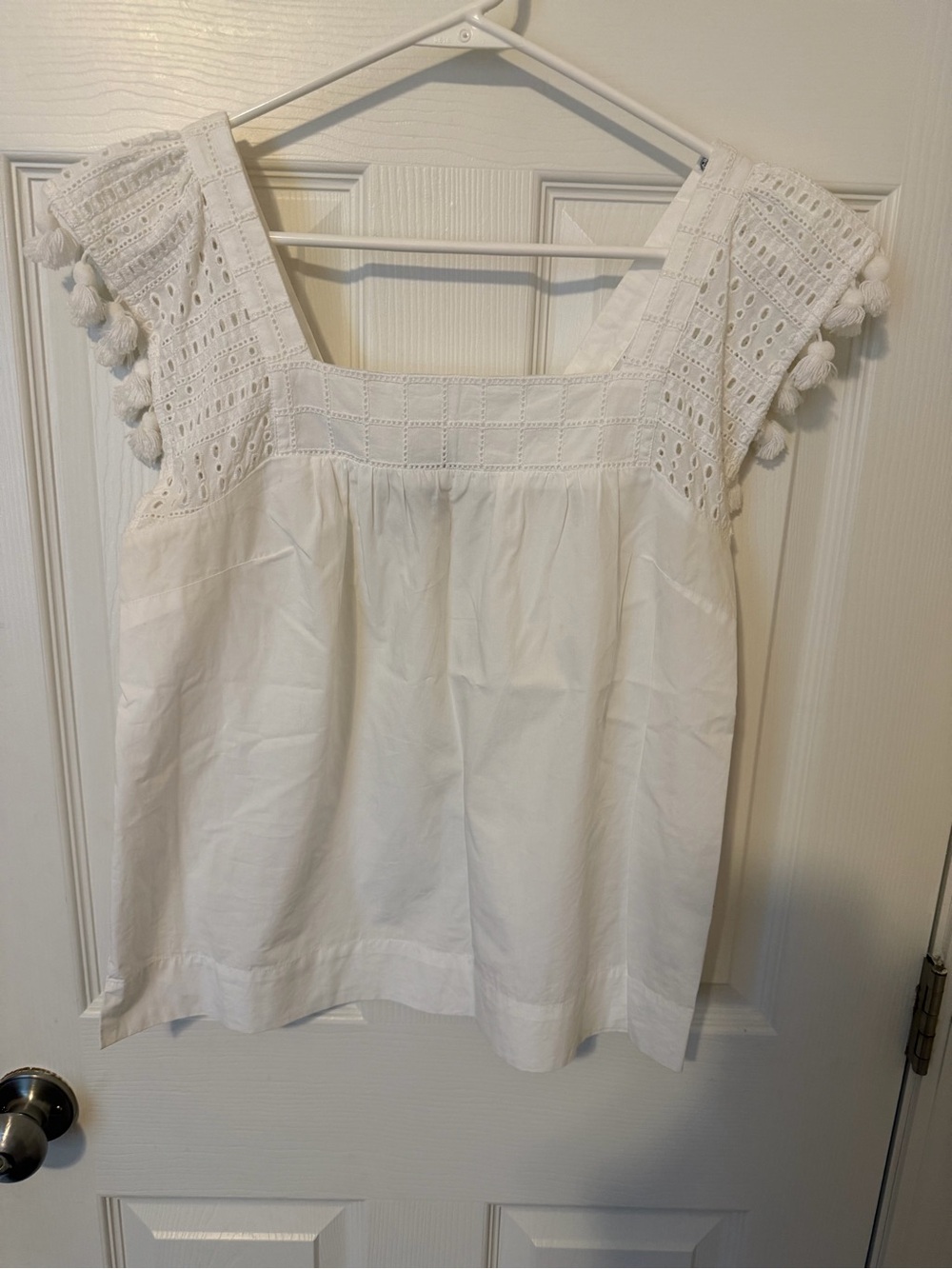J. Crew White 100% Cotton Eyelet Pom-Pom Sleeve Top
